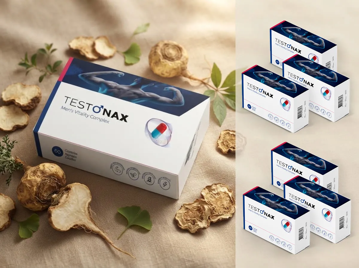 Testonax Kapseln — Packungen mit getrockneten Maca-Wurzeln auf hellem Leinen