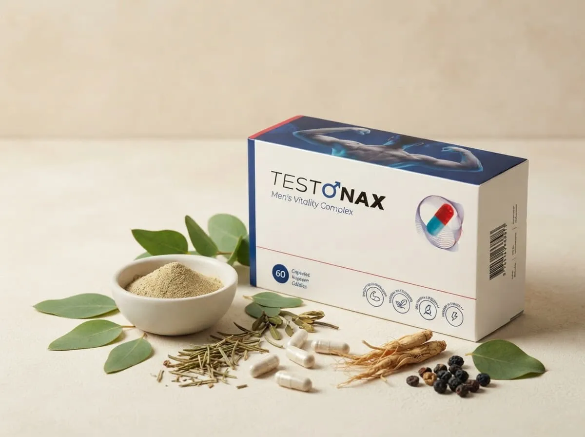Testonax Packung mit Kapseln, Kräutern und gemahlener Maca-Wurzel