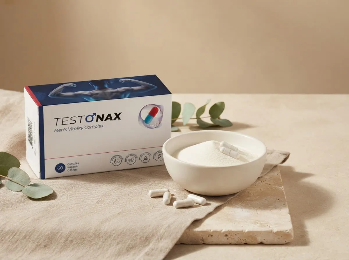 Testonax Packung auf einem Holzbrett neben Schale und Eukalyptuszweig