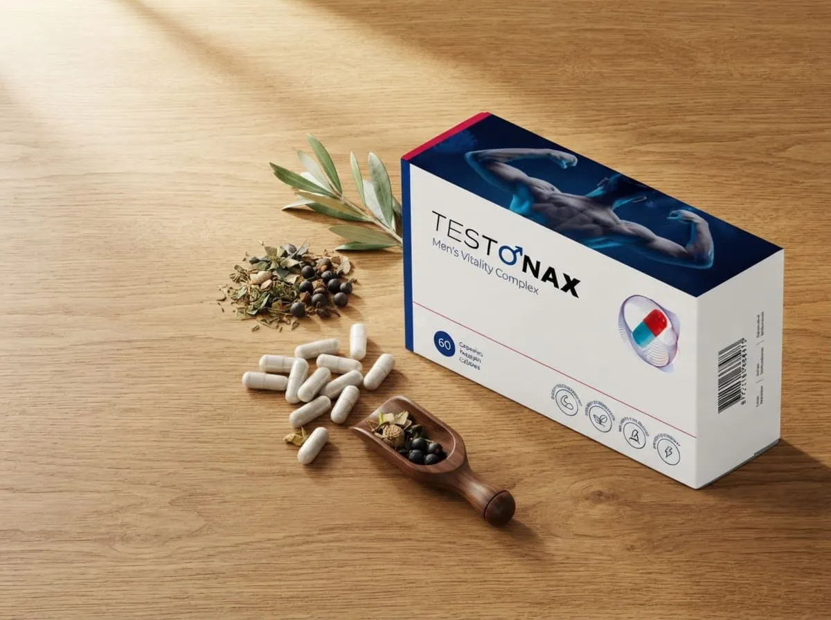 Testonax Packung mit ausgestreuten Kapseln und Kräutern