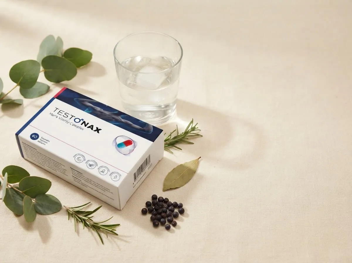 Testonax Packung neben einem Glas Wasser und Eukalyptus