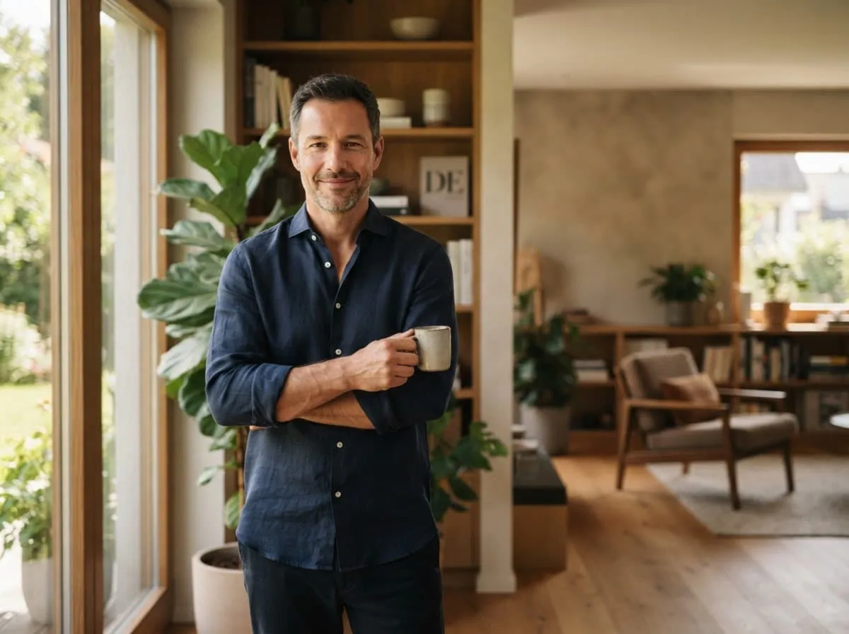 Mann Mitte 40 mit Kaffeetasse in einem hellen Wohnzimmer