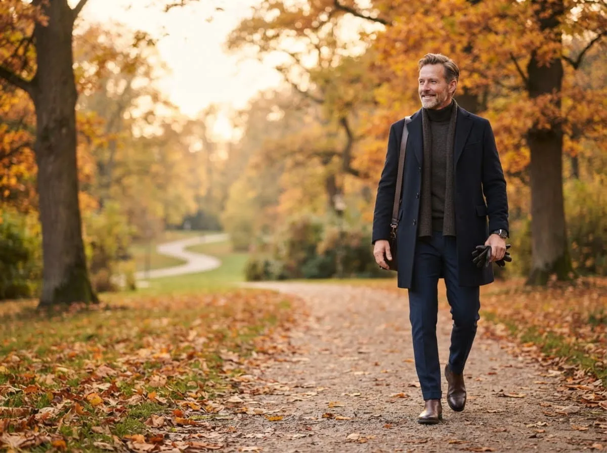 Mann geht bei Herbstlicht eine Allee entlang
