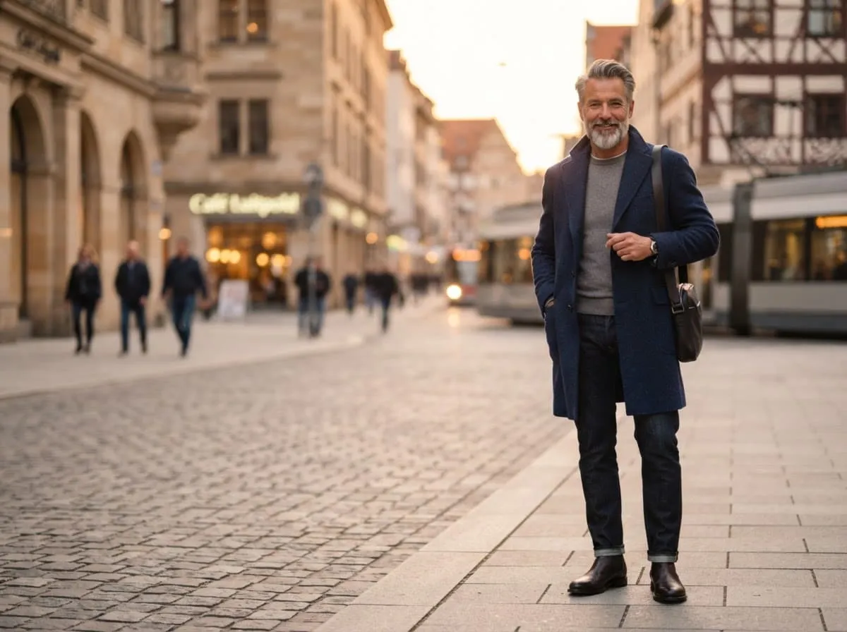 Mann geht durch eine Altstadtgasse mit Fachwerkhäusern