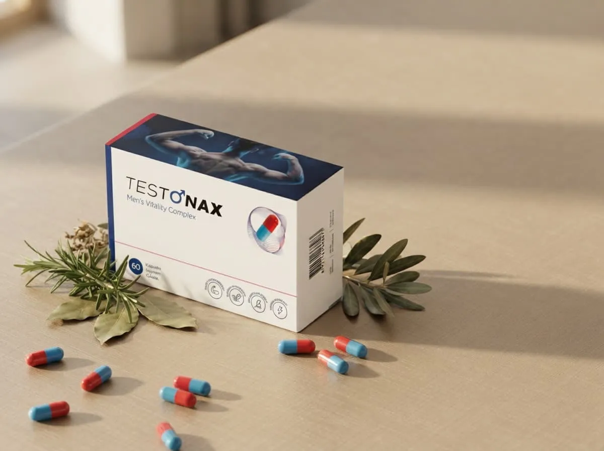 Testonax Packung mit roten und blauen Kapseln und Olivenzweig