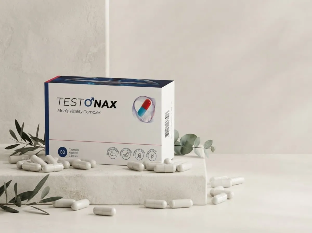 Testonax Packung auf Steinpodest mit Kapseln und Olivenzweig