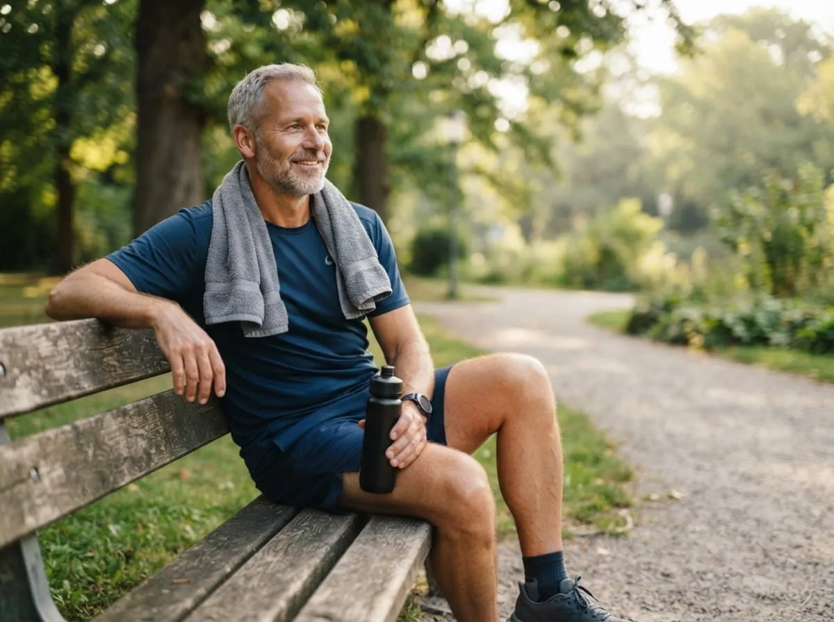 Mann nach dem Training auf einer Parkbank mit Trinkflasche