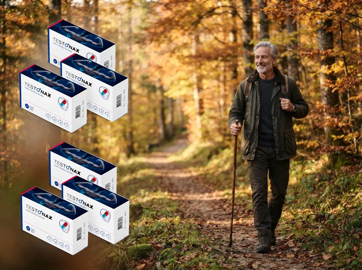 Mann beim Wandern im Herbstwald neben mehreren Testonax Packungen