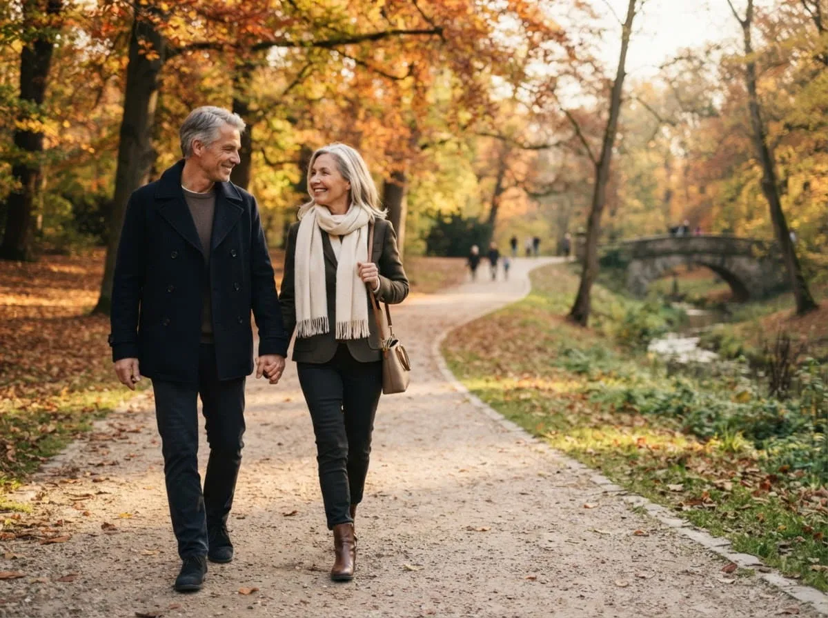 Paar spaziert im Herbst durch einen Park