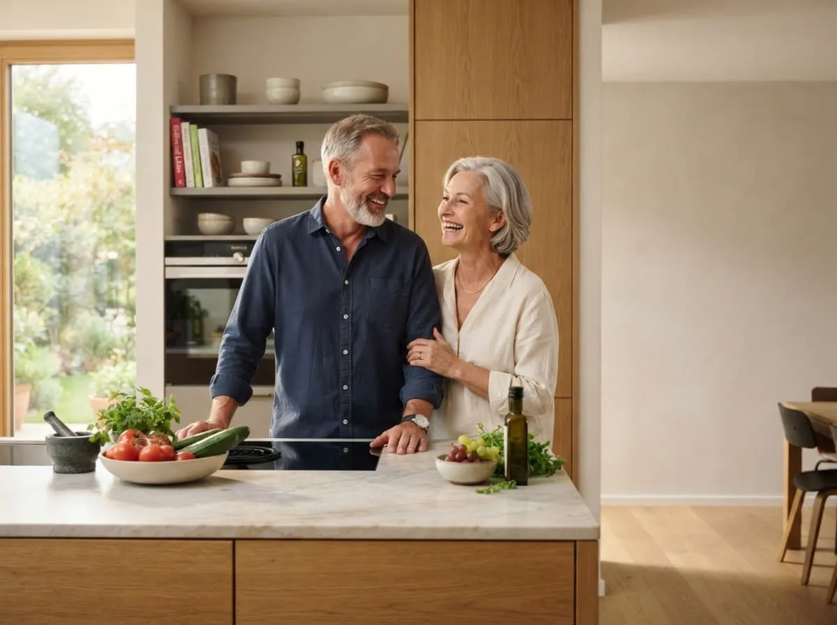 Paar kocht gemeinsam in einer hellen Küche