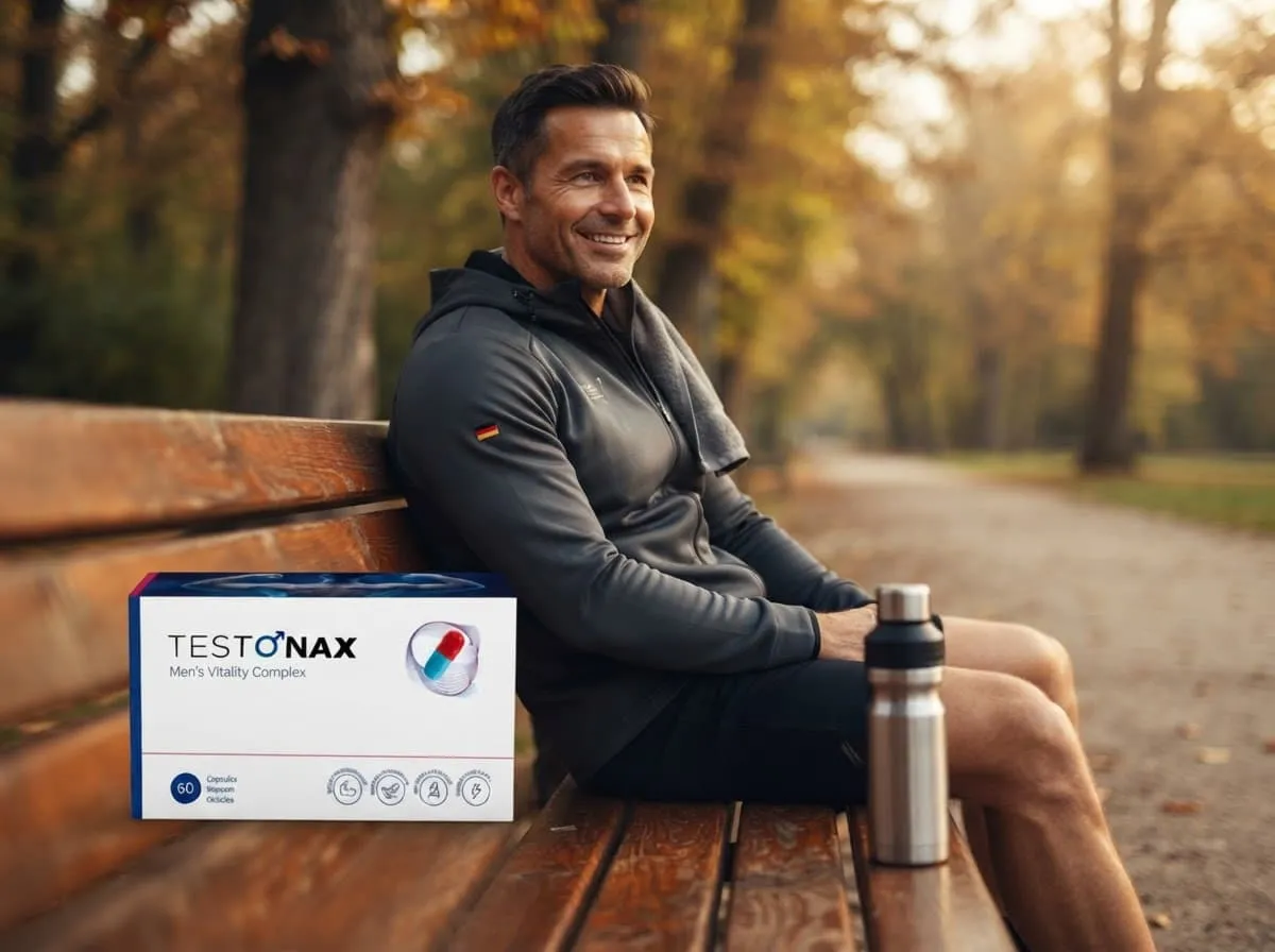 Sportlich gekleideter Mann auf einer Parkbank mit Testonax Packung