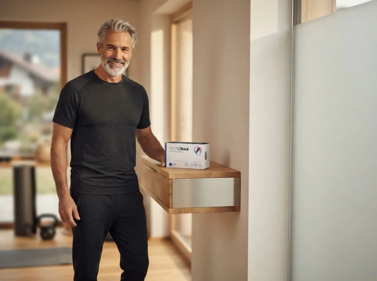 Mann um 55 zu Hause mit einer Packung Testonax