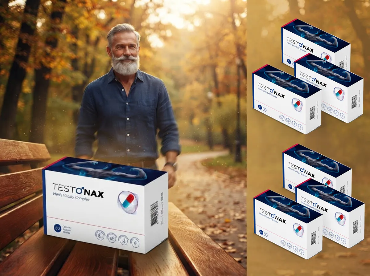 Mann auf einer Parkbank im Herbst mit mehreren Testonax Packungen
